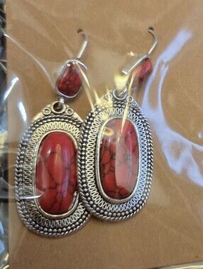Red Oval Stone Silver-Tone Drop Earrings - Women Jewelry